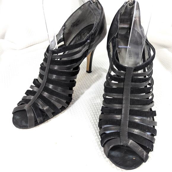 NWOT! NINE WEST! BLACK GENUINE LEATHER & SUEDE STRAPPY SANDALS HEELS! SZ 8.5M - Picture 1 of 8